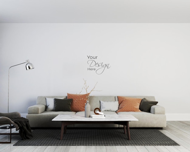 PSD mock up white wall with sofa and plant in the living room