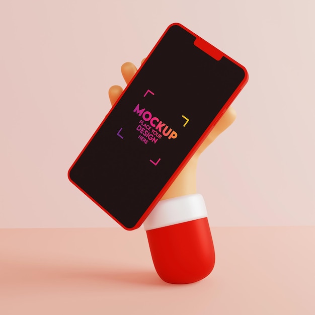 PSD mockup 3d smartphone with cute cartoon hand