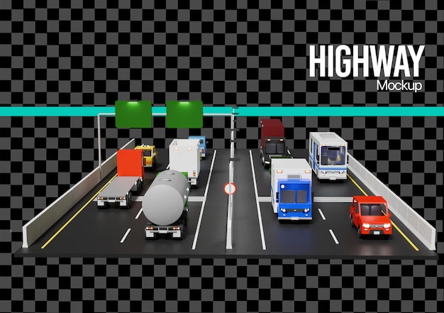 Mockup 3D-weergave van voertuigen op een snelweg