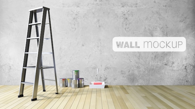 Mockup of 3Ds blank wall and painting tools