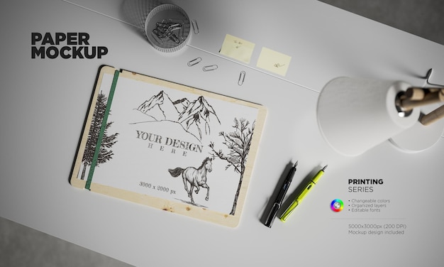 PSD mockup a4 paper with fountain pens on desk