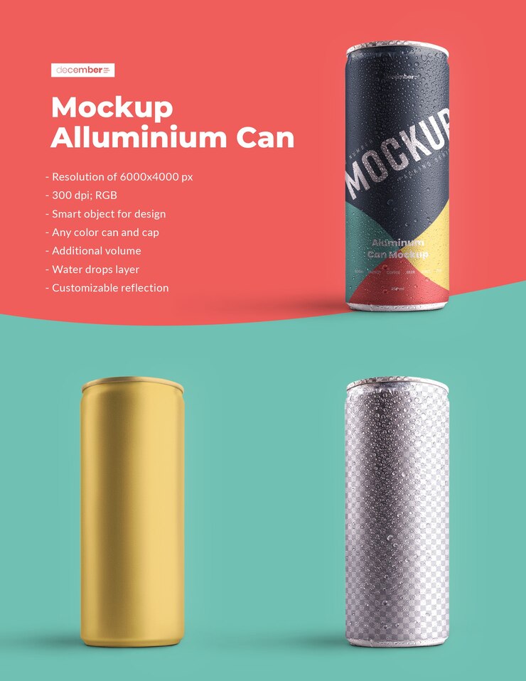 Mockup aluminium blikje 250 ml met waterdruppels. Ontwerp is gemakkelijk in het aanpassen van afbeeldingen ontwerp (op blikje), kleur achtergrond, bewerkbare reflectie, kleur blikje en dop, waterdruppels