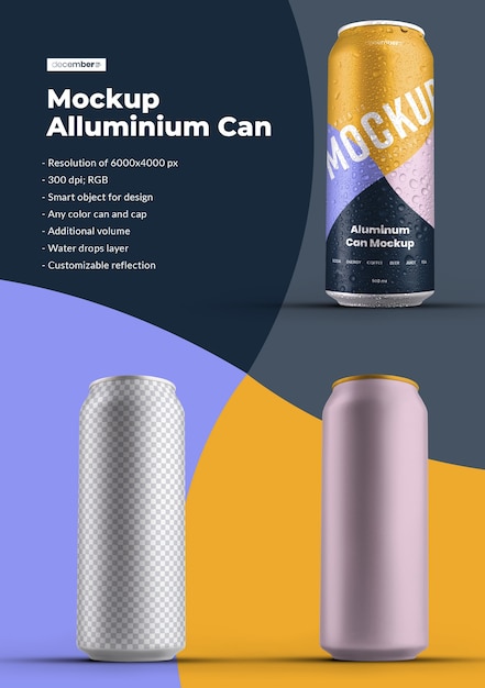 モックアップアルミ缶500ml水滴付き。デザインは、画像デザイン（缶）、色の背景、編集可能な反射、色の缶とキャップ、水滴をカスタマイズするのが簡単です