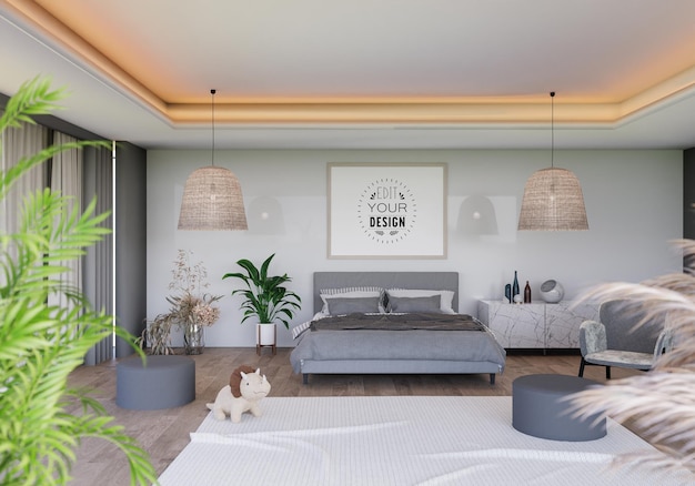 Mockup av en interiør posterramme i et soverom