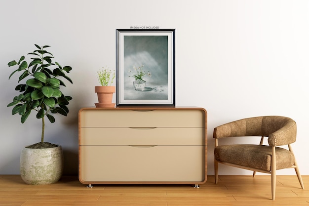 Mockup av plakat i moderne stueinteriør med tom vegg