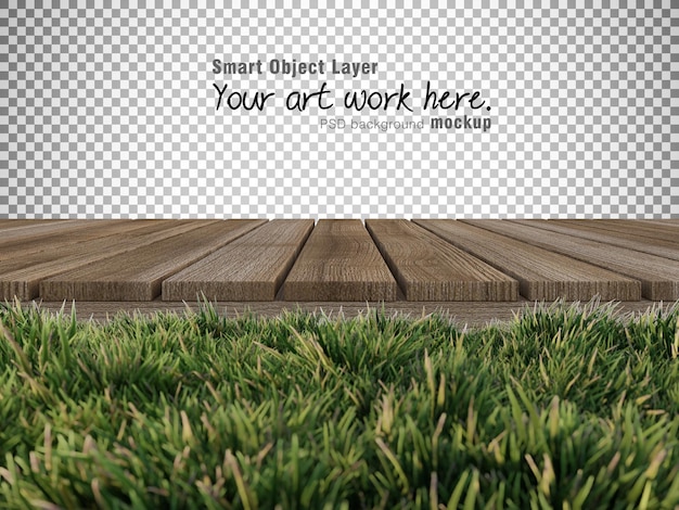 PSD mockup background for 3d rendering of wooden panel which have grasses as foreground