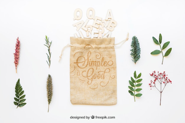 Mockup of bag different types of leaves