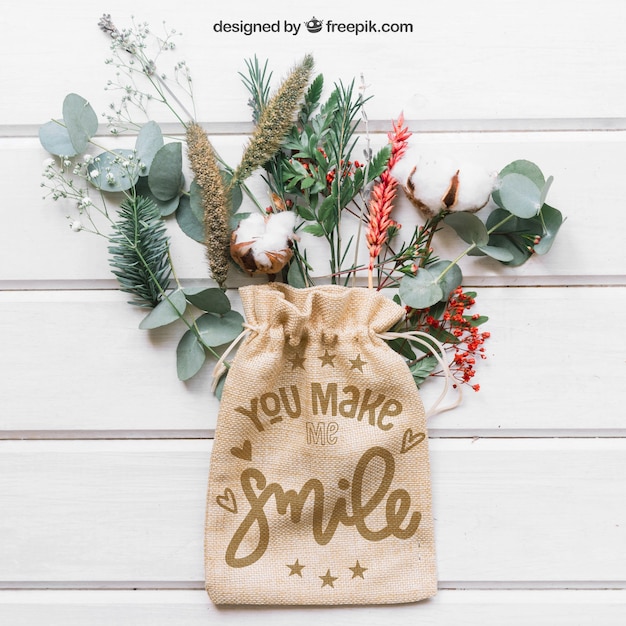 Mockup of bag on leaves and branches