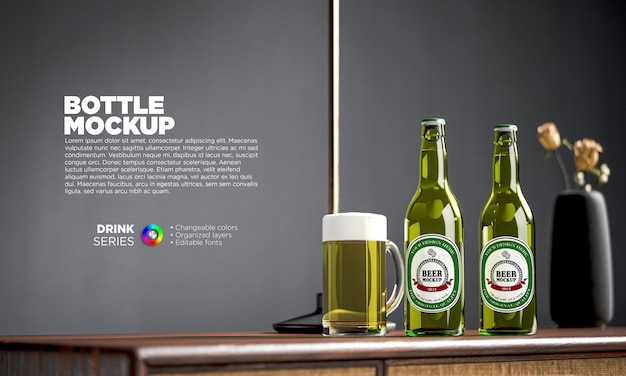 Etichetta della bottiglia di birra mockup nel rendering 3d