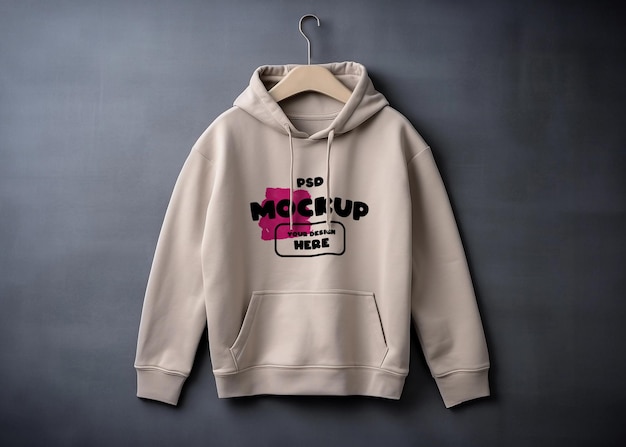 Mockup beige hoodie floating in a dark gray background