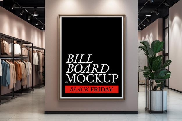 Mockup of billboard with metal frame in modern apparel shop