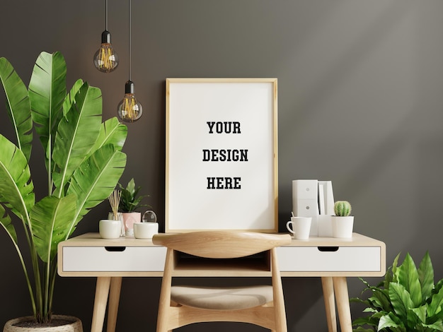 Mockup black frame on work table in living room interior on empty dark wall background,3D rendering