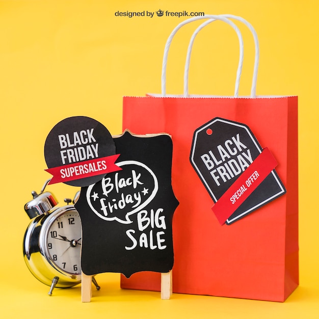 Mockup for black friday with alarm and bag