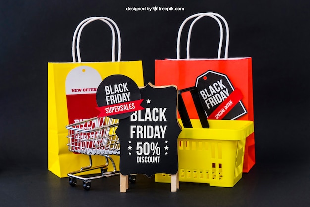 Mockup for black friday with bags and basket