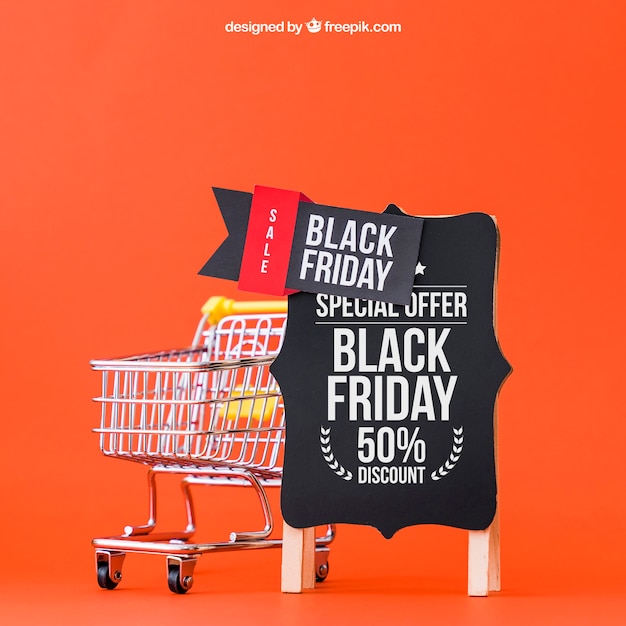 PSD mockup for black friday with cart next to board