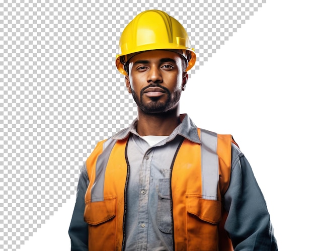 PSD mockup of a black male construction worker with helmet looking at the camera