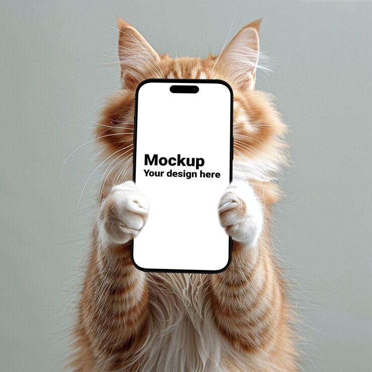 猫の爪に黒いスマートフォンのモックアップ