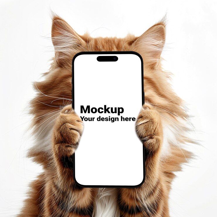 猫の足でiPhone 15に似た黒いスマートフォンのモックアップ