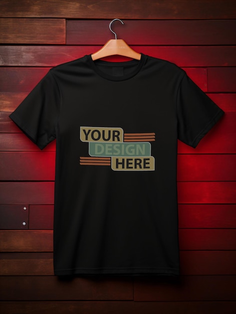 Mockup of a black T shirt on a glowing red backgound