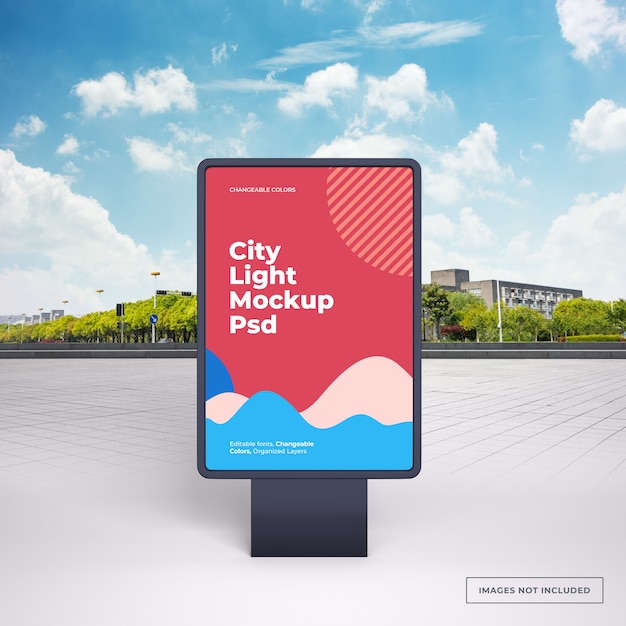 PSD mockup of black vertical outdoor advertising stand on city street