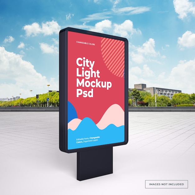 Mockup of black vertical outdoor advertising stand on city street