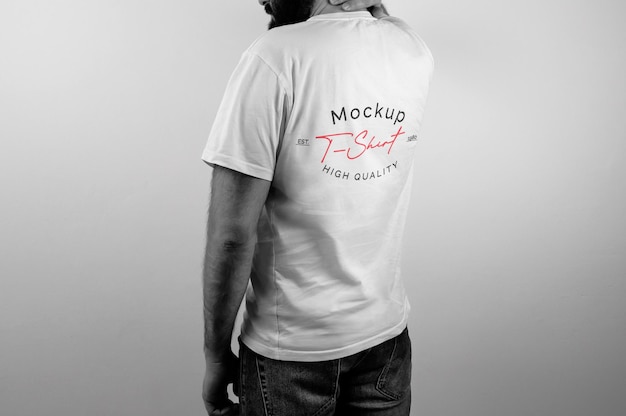 PSD mockup of black and white model wearing white tshirt