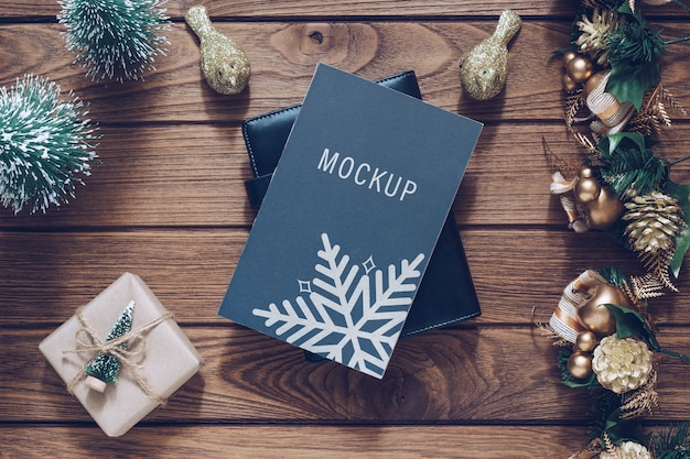 Mockup blank black book cover for Christmas and New Year background