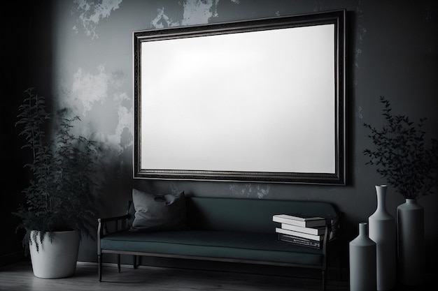 Mockup of blank horizontal frame in dark gothic interior