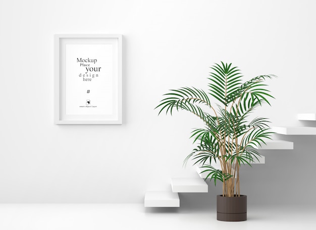 PSD mockup blank photo frame in white wall background, template psd