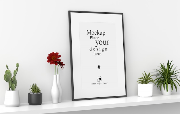 Mockup blank photo frame in white wall background, template psd