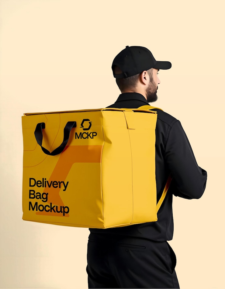 PSD mockup brandingu towarowego dla kurierów z plecakiem