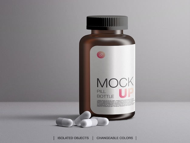 PSD mockup of brown plastic medical pill bottle packaging medicine container with capsules isolated