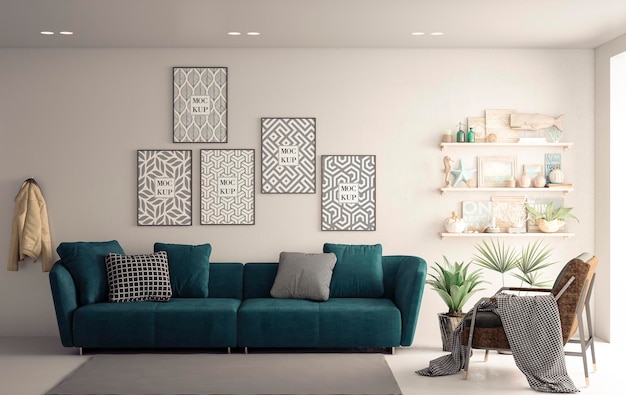 PSD mockup canvas frames in white living room with green sofa