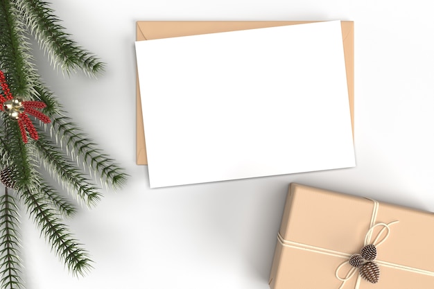 PSD mockup of card christmas with decorations and fir branches