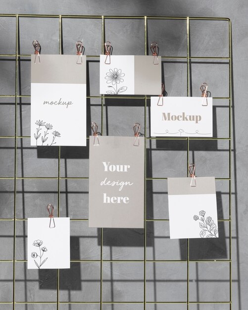 Mockup cards hanging on grid wire board