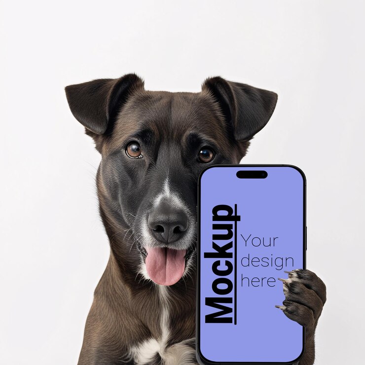 犬の足で持つ携帯電話のモックアップ
