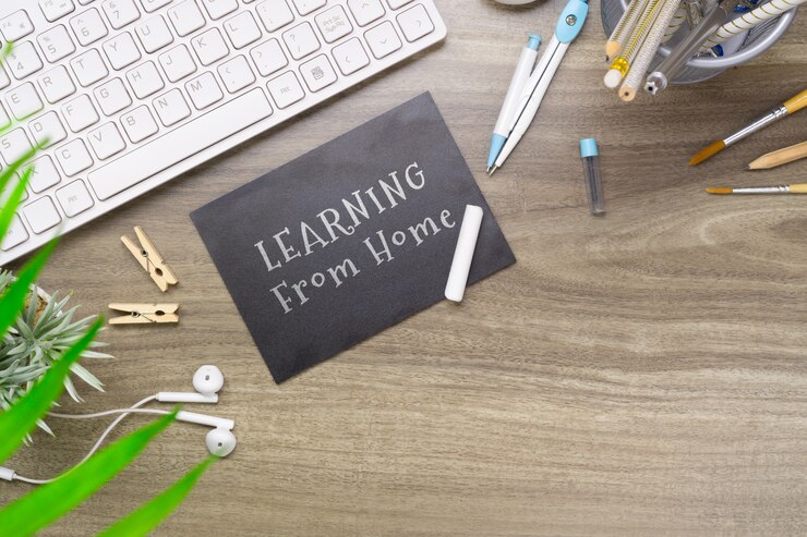 PSD mockup chalkboard learning from home flat lay concept.