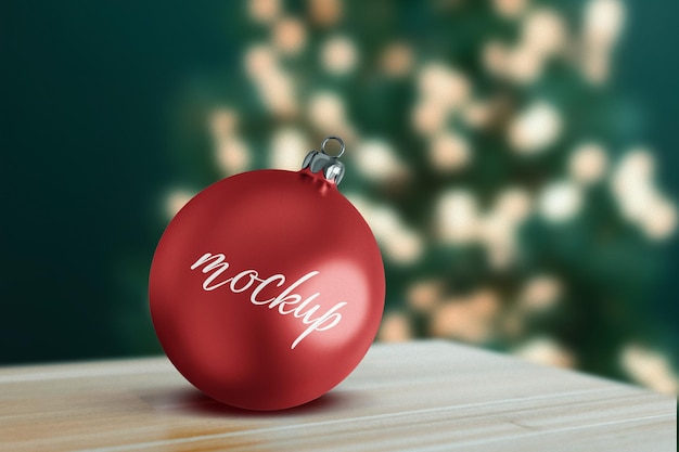 PSD mockup of christmas ball ornament on table over christmas tree lights