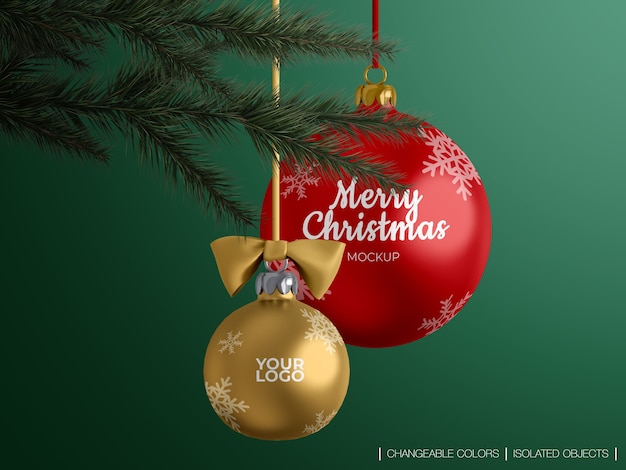 Mockup of Christmas balls decoration on a Christmas tree branch isolated