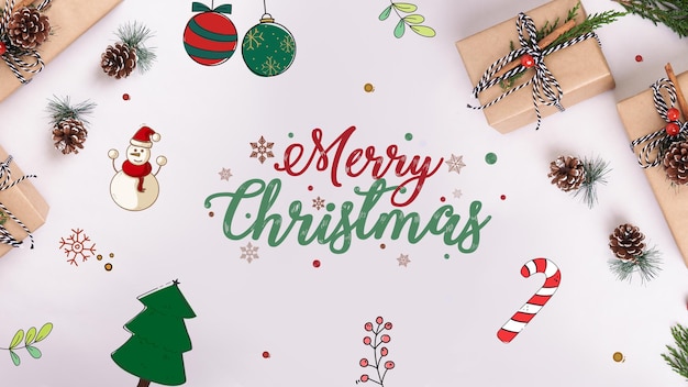 Mockup christmas composition banner with decorations on white background flat lay