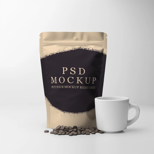 A mockup of a coffee bag with coffee grains