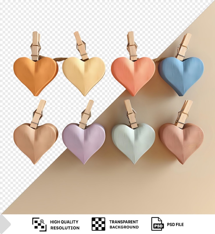 PSD mockup of colored hearts held with clothespins on a beige background