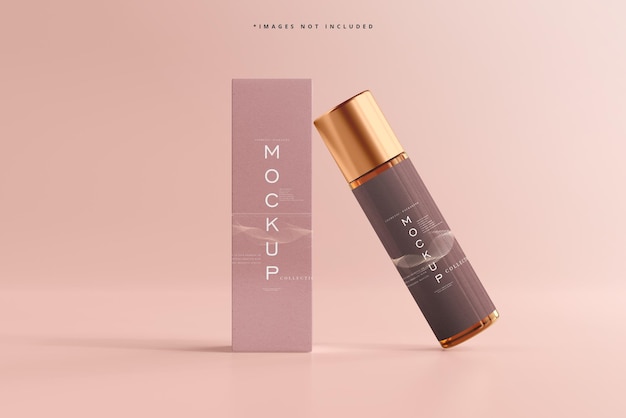 mockup of cosmetic bottle and box on display