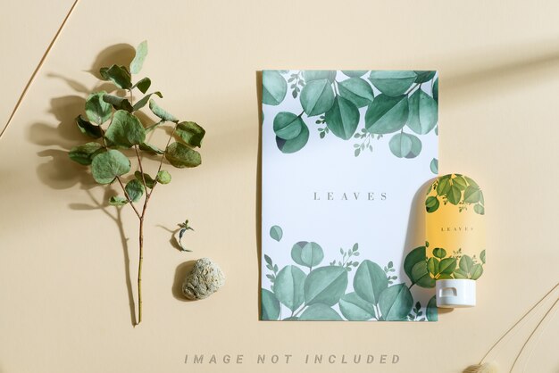 Mockup cosmetic bottle and brochure with  dry eucalyptus