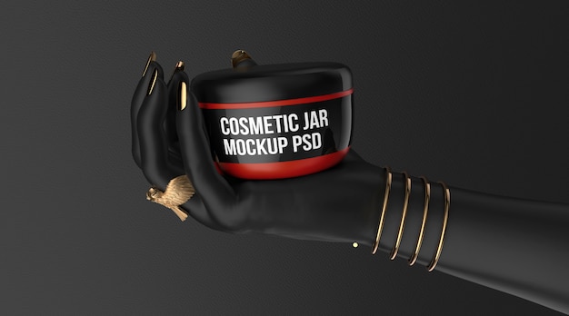 Mockup of cosmetic cream jar on black hand 3d render