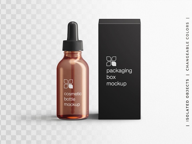 Mockup of cosmetic dropper glass bottle serum container box packaging mockup scene creator isolated