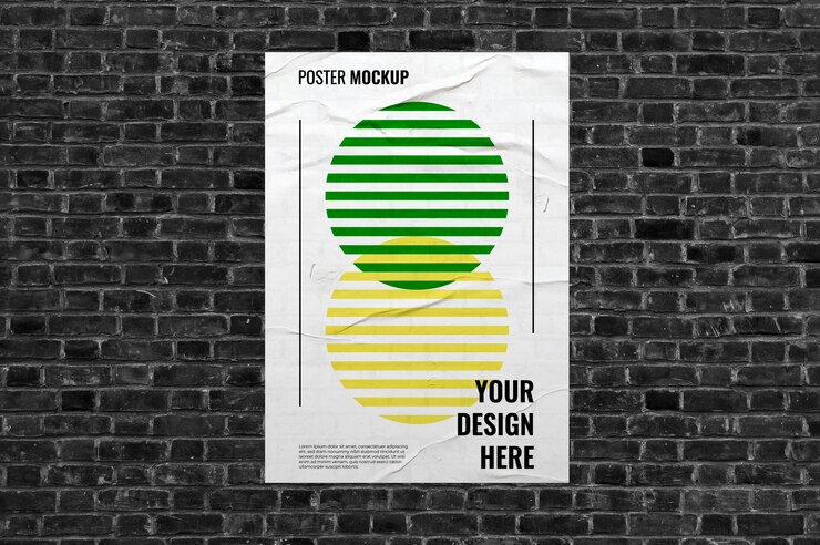 PSD mockup of crumpled poster over black brick wall