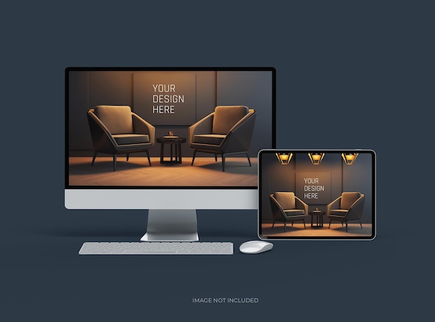 PSD mockup of desktop and tablet for uiux product showcase 3d render