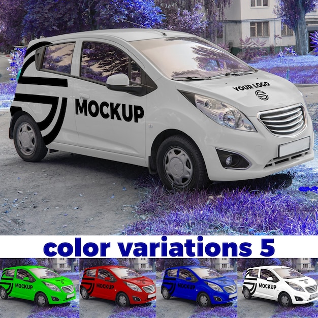 A mockup displaying the logo on the car 5 color variations Red blue silver green white