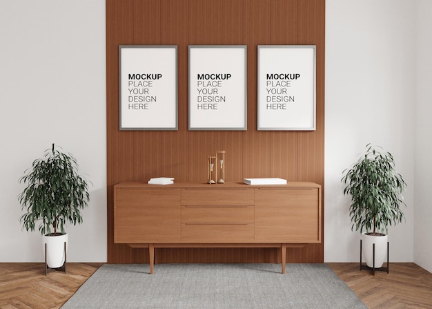 Mockup Drie lege fotolijstjes voor mockup in lege witte kamer Sjabloon PSD